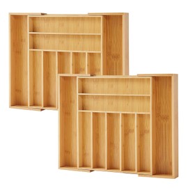 Purawood Large Premium Bamboo Silverware Organizer, 2 Pack - Expandable Kitchen Drawer & Utensil Organizer, 17" x 19.75" Cutlery Tray with Drawer Dividers for Kitchen Flatware