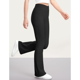 KEREDA Girls Flare Leggings High Waist Cross Bell Bottoms for Girls Yoga Dance Pants with Pockets Black 9-10 Years