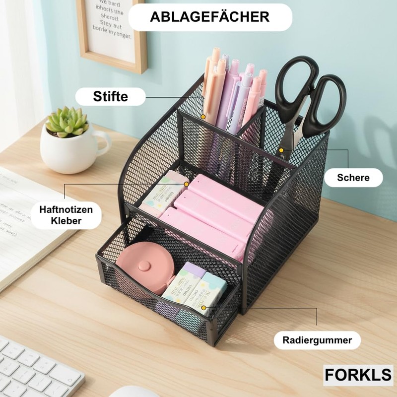 FORKLS Desk Organiser - Metal Mesh Pen Holder with 4