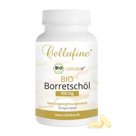 Cellufine® Bio-Borretschöl 500 mg, 120 Kapseln, vegan, 500 mg Bio-Borretschöl pro Kapsel, 20% Gamma-Linolensäure, hochdosiert, allergenfrei, alkoholfrei, zuckerfrei, glutenfrei, vegane Kapselhülle