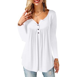 BeLuring Long Sleeve Tops Tshirt Women Casual Pleated Swing Henly Button up Tunic Shirts, 16-18, A - White