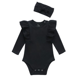O2 BABY Organic Cotton Onesie Baby Girl Ruffle Romper Long Sleeve Bodysuit Jumpsuit with Headband Outfit Set for Infant(0-3Months, Dark Black)