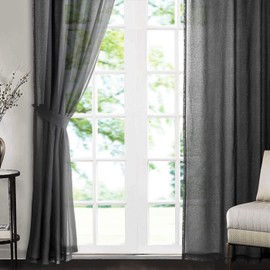 Singinglory Black Eyelet Voile Curtains Set of 2 with Tiebacks, Sheer Net Solid Transparent Window Drop(Black,52X90)