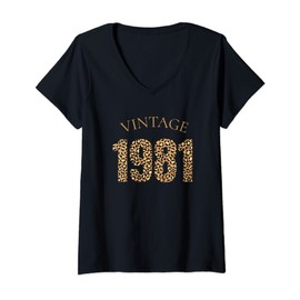 Womens Vintage Women Leopard Print 1981 40th Birthday V-Neck T-Shirt