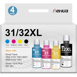 hehua 31 32XL Ink Bottle Replacement for HP 31 Ink Bottle Set 32XL Black Ink Bottle Compatible for HP Smart Tank 7602 5101 7301 6001 5000 5102 7001 Plus 651 551 Printers Ink Refill (4-Pack)