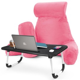 Nestl Reading Pillow with Portable Laptop Lap Desk - Shredded Memory Foam Back Support Pillow for Sitting Up in Bed and Couch Rest Pillows with Arms, Bed Tray Table with Foldable Legs, Light Pink