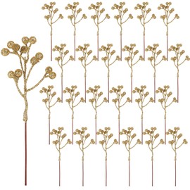 CCINEE 24 Pack Christmas Artificial Gold Berry Stems,6.9 Inch Xmas Gold Glitter Berry Picks Holly Branches for Christmas Tree Ornaments Xmas Wreath DIY Crafts Home Holiday Decor
