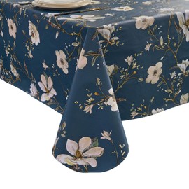 Subakvo Vinyl Tablecloth with Flannel Backing - Waterproof, Fade-Resistant, Lock-Edge, Floral & Herringbone Patterns for Dining, Parties & Outdoor Use (Floral,Prussian Blue, 60" x 102")