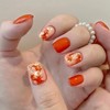 Orange Press on Nails Short Square Fake Nails Gold Foil