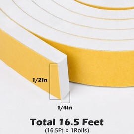 ToLanbbt White Door Window Weather Stripping Self Adhesive Foam Tape High Density Foam Sealing Strip Window Insulation Weatherproof Gasket Tape for Doors and Windows (1/2" W X 1/4" T X 16.5')