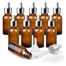 AVALON Dropper Bottles with Silver & White Pipette - Pack of 10 - Bonus Funnel - Ideal for Essential Oils, Serums, and Aromatherapy (Amber, 30ml)