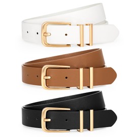 WERFORU 3 Pack Women's Leather Belts for Jeans Dresses Fashion Ladies Gold Buckle Leather Belts, Black/Brown/White