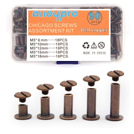 90 Sets Chicago Screws Assorted Kit 5 Sizes Red Copper Leather Rivets 5mm Screw Rivets Flat Fillister Book Binding Posts Nail Rivet Chicago Bolts for DIY Leather Craft Bookbinding (6,10,12,15,18mm)