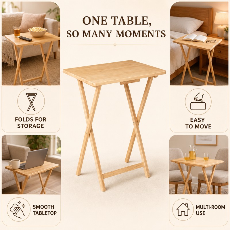 Natural Folding Rubberwood TV Tray Table - Space-Saving Snack &