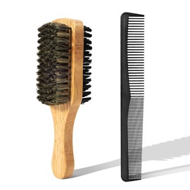 SIMPOR 2PCS Double Sided Boar Bristle Hair Brush Set, 2-in-1 Hair Brush with Dual-Teeth Comb for Men, Firm and Soft Bristles with Wooden Handle for Thick, Curly, Detangling, Smoothing