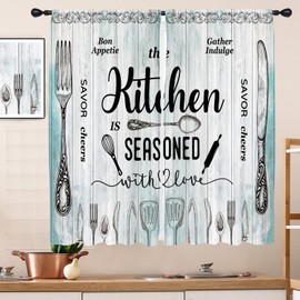 EGLGCC Farmhouse Kitchen Curtains Rustic Country Fork Knife Spoon Utensils Teal Vintage 27.5W x 45L Inch Rod Pocket Curtain for Window Short Tier Cartoon Cafe Room Drapes Treatment Fabric 2 Panels