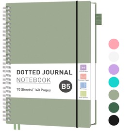 RETTACY B5 Notebook Bullet Dot Journal,Grid Dotted Notebook 140 Pages /70 Sheets for Writing,Notepad with PVC Pocket,Pen Loop, Ruler, Bookmark for Women Men Work Office School, 19 x 25 cm-Light Green