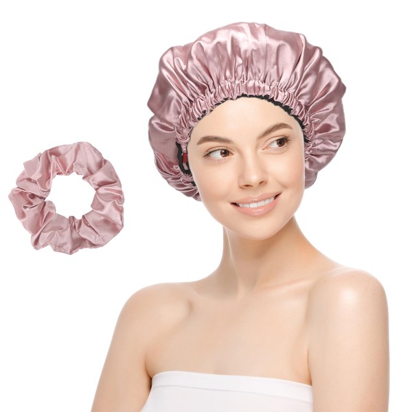Double Layer Adjustable Satin Pink Sleeping Bonnets For Women, Shower