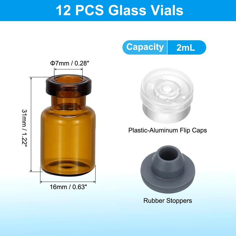 PATIKIL 12pcs 2ml Amber Borosilicate Glass Sample Vials with Aluminum