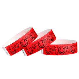 500 WristCo Neon Red Smiley Face Tyvek Wristbands for Events - ¾” x 10” - Waterproof Recyclable Comfortable Tear Resistant Paper Bracelets Wrist Bands for Concerts Festivals Admission Party