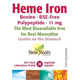 New Roots Herbal - Heme Iron (Bovine) Polypeptide 11 mg, 30 Capsules - Helps to form Red Blood Cells - Helps to Prevent Iron Deficiency Anaemia and Associated Tiredness and Fatigue