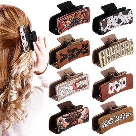 8 Pcs Western Hair Claw Clips Gifts Leather Highland Cow Print Large Accessories for Women Long Short Hairstyle Christmas Present(Highland) - Pattern Name: Western