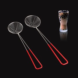 2Pcs Stainless Steel Strainer Spoons Boba Spoon Scoop Hot Pot Strainer Spoons Ladle Wire Cooking Skimmers Spoon with Handle for Hot Pot, Meatball, Kitchen Baking Oil Filter, 2 Sizes