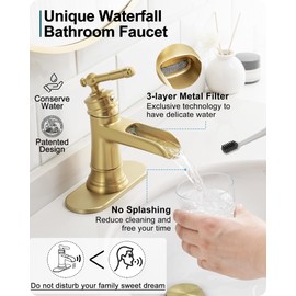 HOIGY Waterfall Bathroom Sink Faucet, Brass Gold Bathroom Faucet 1 Hole, Single Handle Bathroom Faucets for Sinks, 4 Inch 3 Holes Faucet Bathroom Sink with Drain Deck Plate Supply Hoses for Lavatory