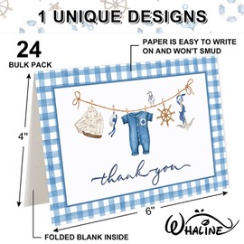 Whaline 24 Pack Baby Shower Thank You Cards Plaid Nautical Greeting Cards with Envelopes Stickers Anchor Navy Blue Blank Note Card for Party Supplies, 4 x 6 Inch