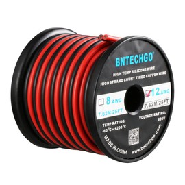 BNTECHGO 12 Gauge Flexible 2 Conductor Parallel Silicone Wire Spool Red Black High Resistant 200 deg C 600V for Single Color LED Strip Extension Cable Cord,Model,25ft Stranded Copper Wire