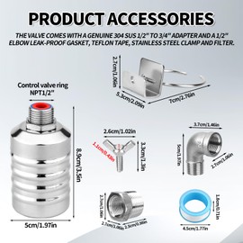 Gosknor Water Float Valve Set, 1/2 Inch to 3/4 Inch Premium Stainless Steel Automatic Float Valve for Water Level Control, Ideal for Aquariums, Swimming Pools, Livestock Drinkers, Distillers