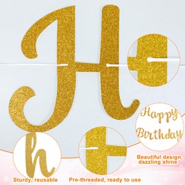 Gold Happy Birthday Banner, Pre-Strung Glitter Birthday Sign Gold Happy Birthdays Sign Birthdays Garland Wall Door Banners for Women men Party Backdrop Decorations, 8.2 Inches