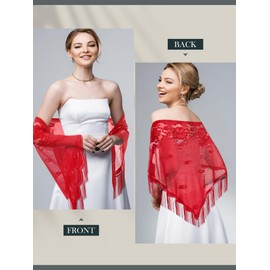 Geyoga Triangle Lace Shawls Women's Floral Lace Wraps with Tassels 1920s Scarf for Wedding Evening Party Dresses(Red)