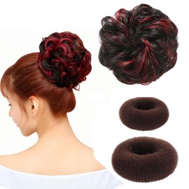 BESTOPPER Curly Messy Fake Hair Bun Extension with 2Pcs Hair Bun Makers for Women's Hair, Synthetic Scrunchie Hair Piece hair Accessories for Women (Black+Burgundy)