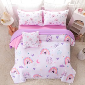 BYHOFMLY Full Size Bedding Sets for Girls 6Pcs Pink Purple Rainbow Kids Comforter Set with Sheets Moon Heart Print on White Teen Girl Bed in A Bag (Rainbow, Full)