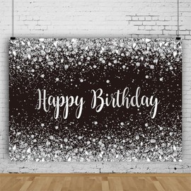 LTDKAEN 6×4Ft Black and Silver Happy Birthday Photography Backdrop Birthday Party Photo Decoration Glitter Silver Spots Background Baby Shower Birthday Party Decor