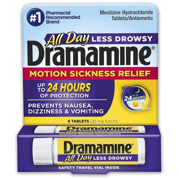 Dramamine All Day Less Drowsy Formula | Motion Sickness Relief | 8 Tablets | Pack of 6
