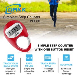 iGANK Simple Walking Pedometer Step Counter for men women kids (Red)