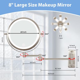 Kiavox Lighted Makeup Mirror Wall Mounted, 8 Inch 1X/10X Magnifying Mirror with 3 Colors Dimmable Modes Extended Arm 360° Swivel, Rechargable Wall Mounted Makeup Vanity Mirror with Lights (Nickel)