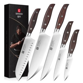 XINZUO German Stainless Steel Knife Set, 5Pcs Professional Chef Knife Sets for Chefs, Ultra Sharp,Chef Santoku Slicing Petty Paring Knife with Red Sandalwood Handle