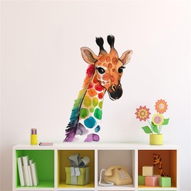 WAFT YEARN Colorful Giraffe Wall Decals Watercolor Style Animal Wall Sticker Safari Wall Decor for Nursery Kid'sroom School Classroom Livingroom Bedroom Bathroom Decoration