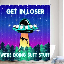 MERCHR Funny UFO Shower Curtain for Bathroom, Unique Fun Alien Blue Purple Space Starry Sky Forest Fabric Shower Curtains Set, Weird Restroom Decor Accessories with Hooks 72X84 Inch