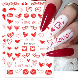 5D Valentine Red Nail Art Sticker Love Heart Holographic Laser Nail Decals Kiss Romantic Line Flowers Letter Slider Embossed Nail Decoration Manicure Sticker Wedding Engraved Nail Supplies 2 Sheets