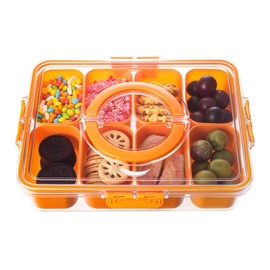 Divided Serving Tray with Lid and Handle - Snackle Box Charcuterie Container for Portable Snack Platters Organizer for Candy, Fruits, Nuts, Snacks - Perfect for Party, Entertaining, Orange