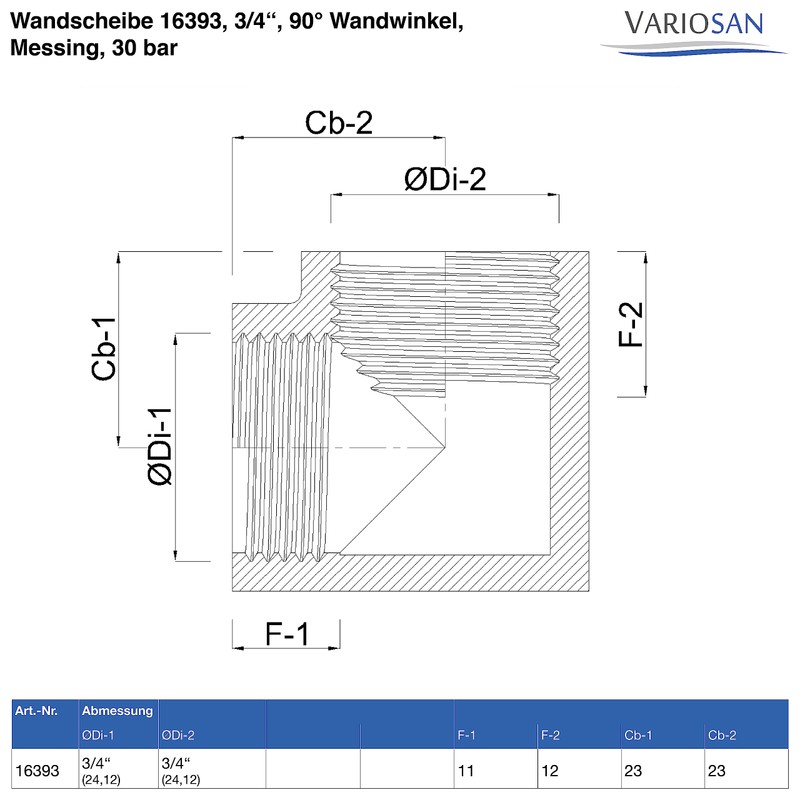 VARIOSAN 16393 Wall Plate 3/4 Inch 90° Wall Angle Brass