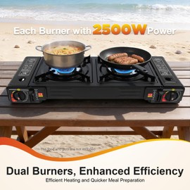 SNKOURIN 2 Burner Portable Butane Camping Stove, Dual Fuel Stove with Adjustable Burners, Automatic ignition Camping Stove with Butane & Propane Compatibility for Camping Home Backyard Cooking