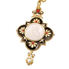 Nazareth Store Pectoral Cross Virgin Mary and Jesus Black Enamel Crystallized Red Stones Christian Priest Bishop Crucifix Pendant Necklace 24" in Gift Box