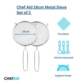 Chef Aid 16cm Long Handled Metal Sieve Set, Pack of 2, Stainless Steel Fine Mesh Strainer for Flour, Baking, Tea, Rice & Sauces, Durable Kitchen Sieves with Handle