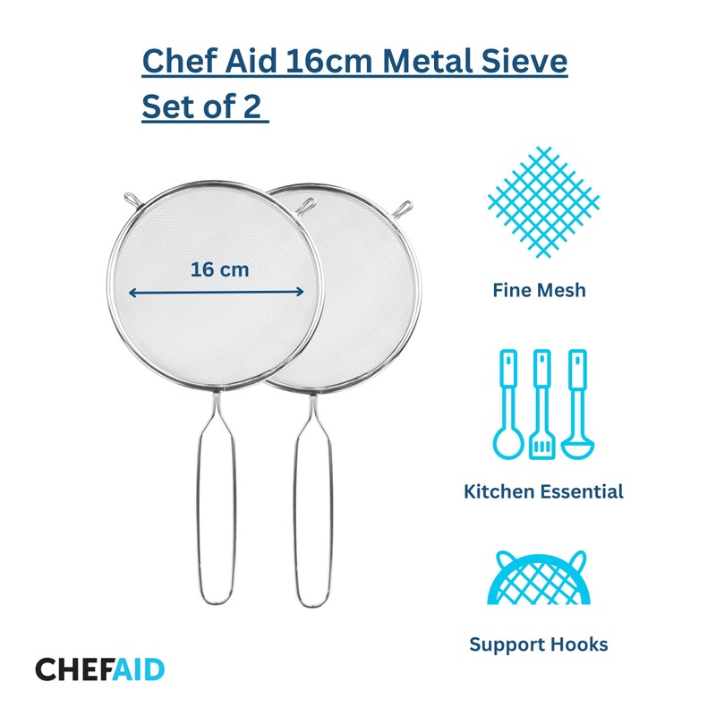 Chef Aid 16cm Long Handled Metal Sieve Set, Pack of