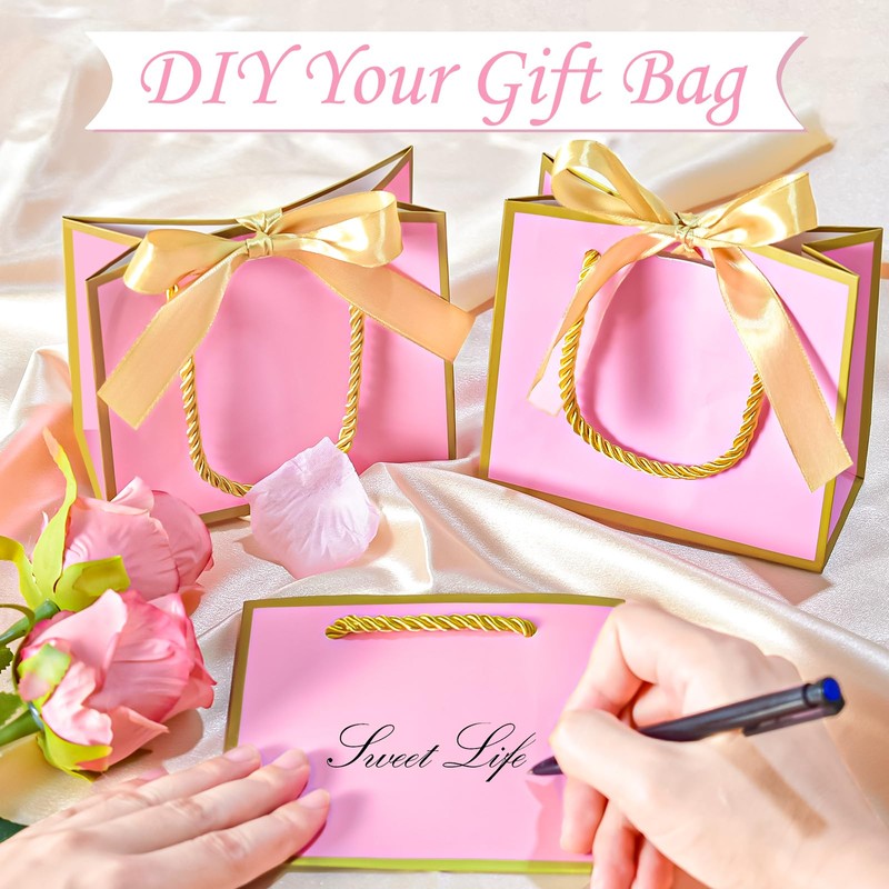 EQOREIIN 24 PCS Small Gift Bags with Handles,Pink Mini Bag,5.5x